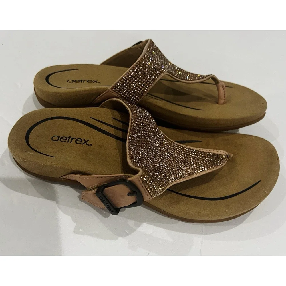 Aetrex Sandals Shoes Women Size 7 Brown Thong Wedge Rhinestone Comfort Orthotic